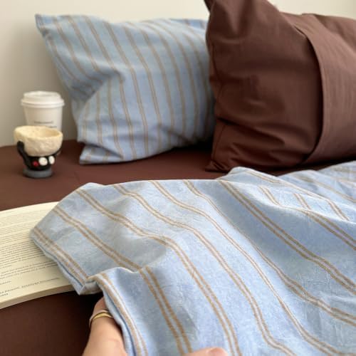 AOJIM Sky‑Blue & Warm‑Taupe Striped Duvet Cover Full 3Pcs Vintage Bedding