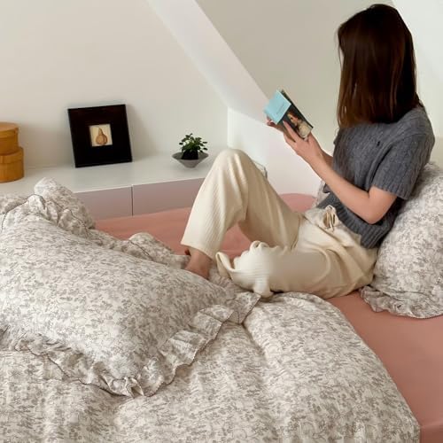 BuLuTu Forest Rabbit Print Duvet Cover Twin, Muslin Cotton Comforter Cover, Boys Girls Quilt Cover with Ruffles, Shabby Chic Kids Bedding Set for All Seasons, Zipper Closure,4 Corner Ties