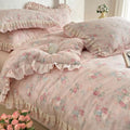 BuLuTu Pink Duvet Cover Set Twin Size Lace Ruffled Princess Bedding, Shabby Chic Floral Print Comforter Cover 68"x86", Vintage Farmhouse Comforter Cover with Zipper Closure & Corner Ties