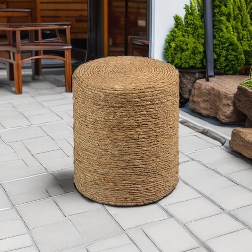 14" Boho Pouf Patio Ottomans Natural Straw Handweave Rustic Round Footstool
