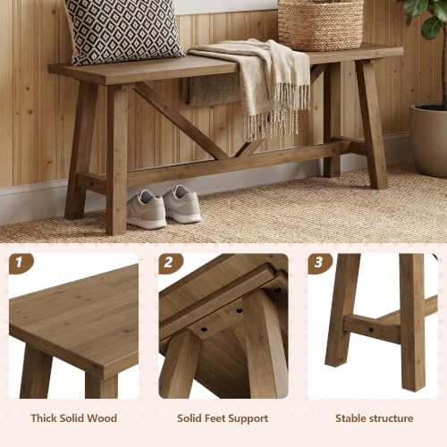 Wnutrees 43" Farmhouse Solid Wood Bench, Narrow Long Seat, Natural