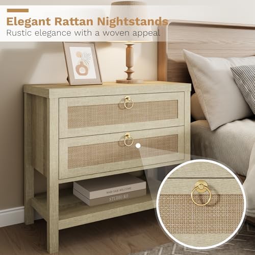 Eclatara Large Rattan Night Stand with 2 Drawers and Storage Shelf