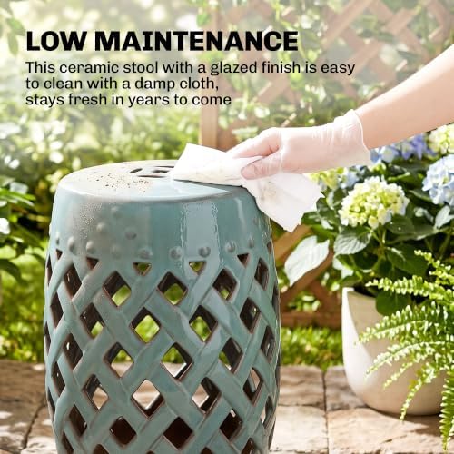 Outsunny 12.5" x 18" Ceramic Garden Stool Woven Lattice Design Antique Blue