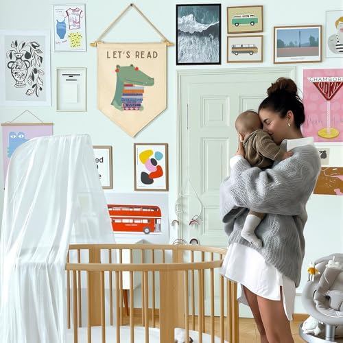 Let's Read-Cute Crocodile Wall Decor Gift for Baby Boys Girls Kids-Canvas Hanging Flag Pennant Banner Wall Decor Gift for Classroom Nursery Homeschool Baby Room Playroom Reading Room Bedroom