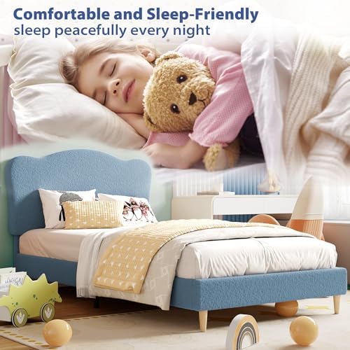 Garvee Upholstered Full Size Bed Frame for Kids with Scallop Headboard, Cute Velvet Full Bed for Girls, Boys, Sturdy Platform Bed, No Box Spring Needed, Wooden Slats, Noise Free, Blue