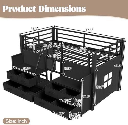 Bellemave Low Loft Bed Twin Size with Storage Shelves & Fabric Drawers, Metal Twin Loft Bed for Kids with LED Lights & Under-Bed Play Area, Low Loft Bed Frame for Bedroom, No Box Spring Needed, Black