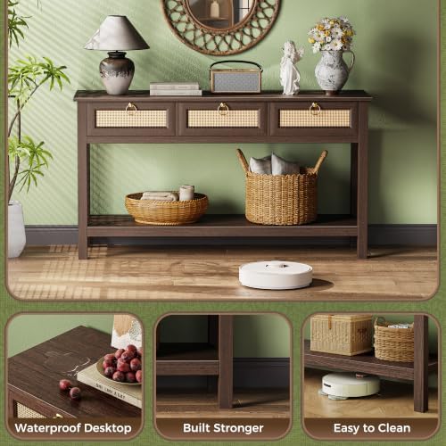 SUPERJARE Rattan Console Sofa Table with Outlets, USB-C Port and 3 Drawers
