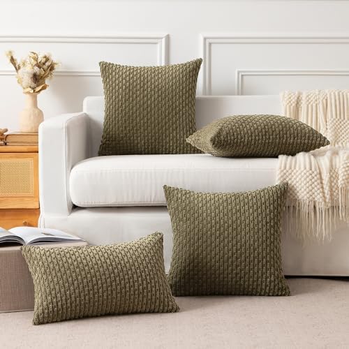 Kevin Textile Soft Corduroy 16x16 Inch Pillow Covers 2 Pack, Olive Green