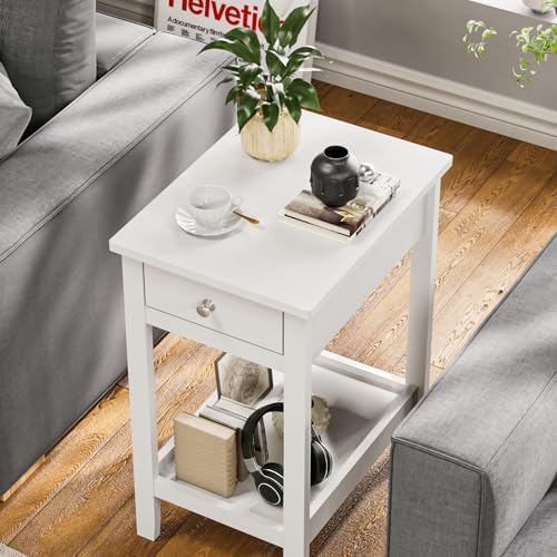 SEJOV Narrow Side Table, Small White End Table with Drawer & Storage Shelve