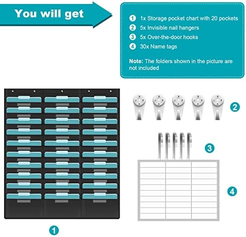 KIKIGOAL 30 Pockets Hanging Wall File Organizer, Heavy Duty Storage Pocket Chart With 30 Name Tag Pockets for File Folder and Paper, Space Saver for Office and Classroom