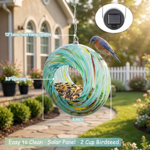 Yinns Glass Bird Feeder Outside, Hanging Solar Birdfeeder for Garden Decor