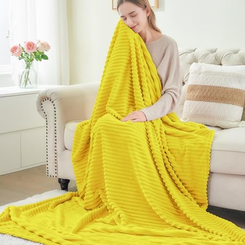 BEDELITE Ribbed Jacquard Yellow Fleece Throw Blanket for Couch, 50x60 Inch