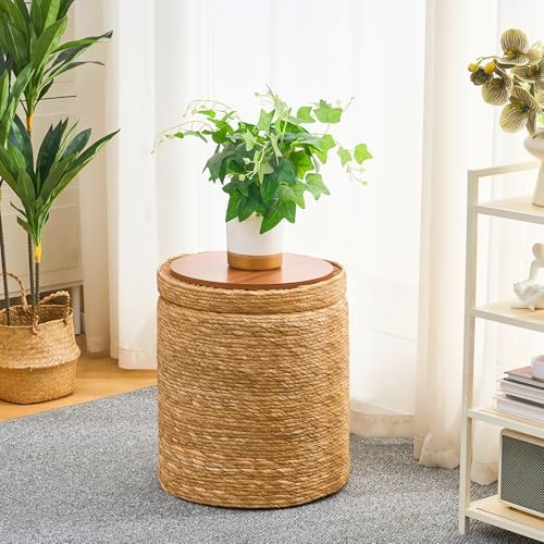 Nested Set Round Pouf Ottomans Handwoven Natural Grass Pouffe Rattan Stool