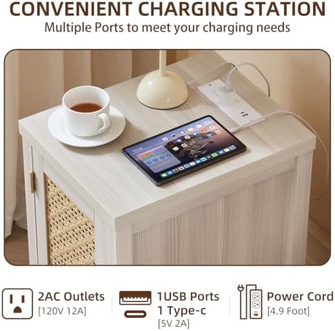 YUFAM Rattan Nightstand Set of 2 with Charging Station, Grey