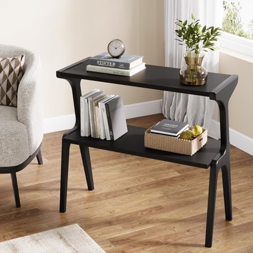 Tribesigns Set of 2 Solid Wood End Table, 2-Tier Modern Black End Table with Storage Shelves, Tall Slim Side Table for Couch with Unique Legs, Long Bedside Table for Bedroom, Living Room