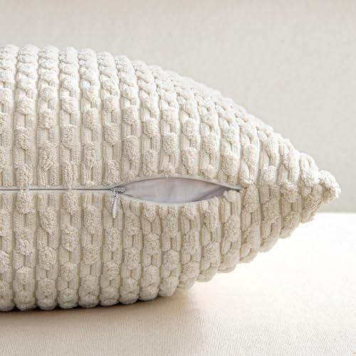 MIULEE Lumbar Decorative Throw Pillow Covers 12x20 Cream White Corduroy