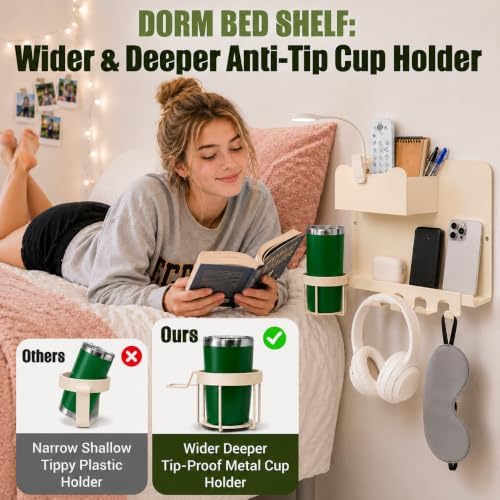 Floating Bedside Wall Shelf, Metal Wall Organizer with Detachable Cup Holde