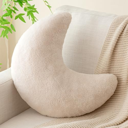 Moon Pillow, Decorative Throw Pillows with Soft Faux Rabbit for Bed Couch, Moon Shaped Pillows Plush Floor Cushions Room Decor Pillow for Sofa Bedroom Living Room