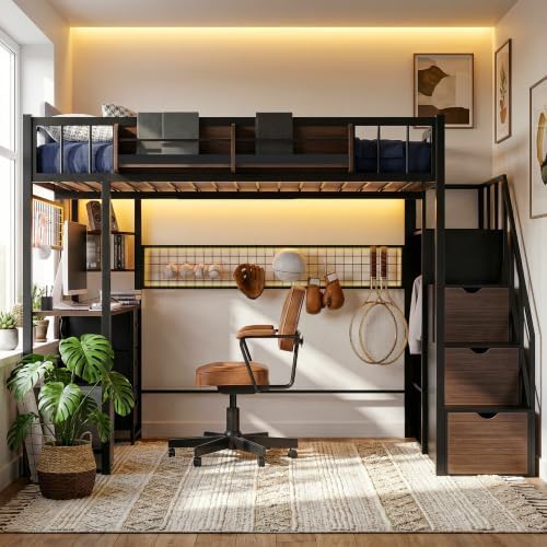 Twin Loft Bed with Desk, Stair, Headboard and Storage (Black)