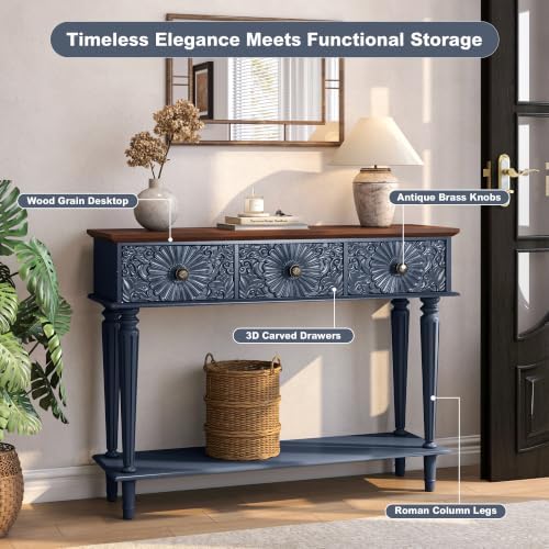 Retro Console Table with 3 Carved Floral Drawers for Entryway, Blue