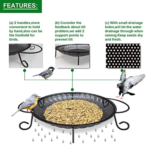 CQAIRIOU Upgraded Ground Platform Bird Feeder Tray,11.8” Stainless Steel Large Bird Feeder Mesh Seed Tray with A Exquisite Tray Station,Attract Wild Birds,Great Decoration for Garden Backyard