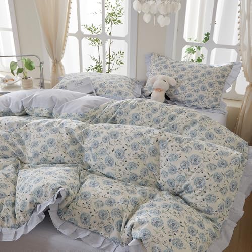 Blue Floral Duvet Cover Full Size - 100% Cotton Dandelion Flower Comforter Cover with Romantic Ruffle Lace, Coquette Aesthetic Floral Bedding Set Wildflower Botanical Duvet Cover with Zipper Closure