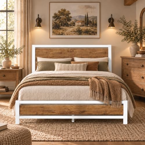 Queen Metal Bed Frame with Industrial Headboard, White Brown