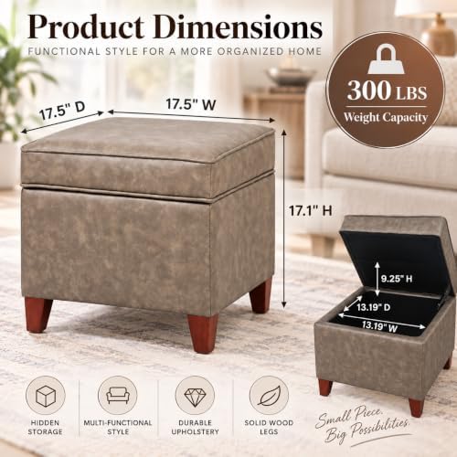 Adeco 17.5" Square Storage Ottoman, Faux Leather Flip Top Footstool & Coffee Table, Upholstered Foot Rest with Wood Legs, Small Extra Seat for Living Room & Bedroom, Coffee Brown
