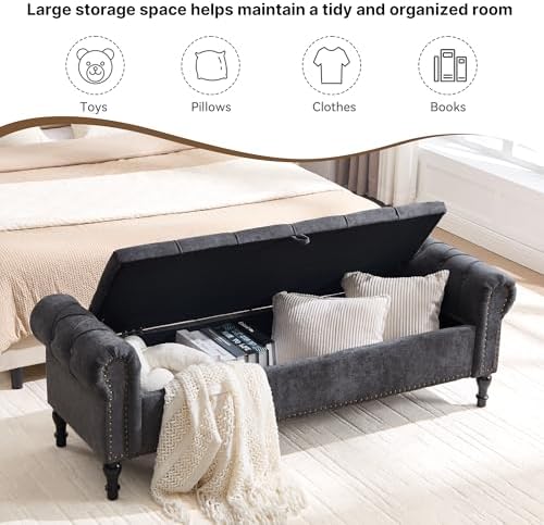 Storage Bed Bench for Bedroom, Chenille 67" End of Bed King Size Benches with Armrest, Tufted Button Upholstered Ottoman Bench for Living Room, Entryway, Charcoal Grey