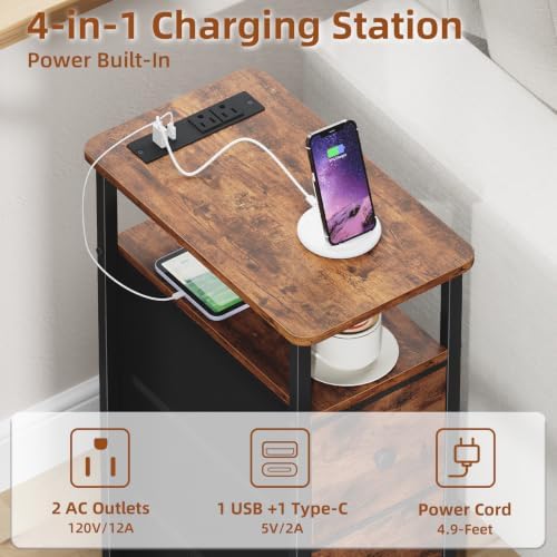 Somdot Narrow End Table Set of 2, Charging Station, Side Table, 3 Drawers