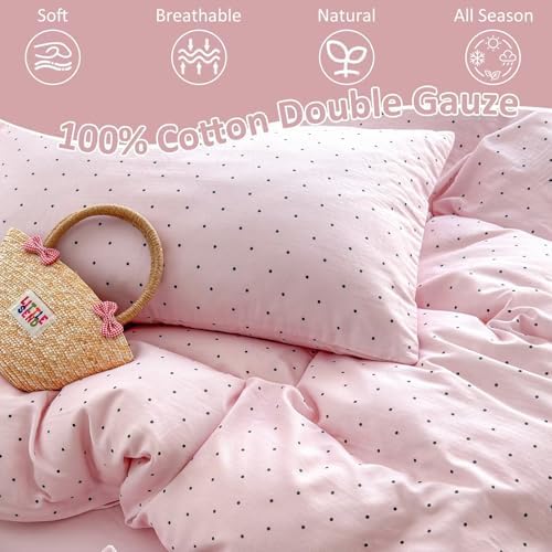 100% Cotton Muslin Duvet Cover King 3 Pcs,104"×90",Pink Polka Dot