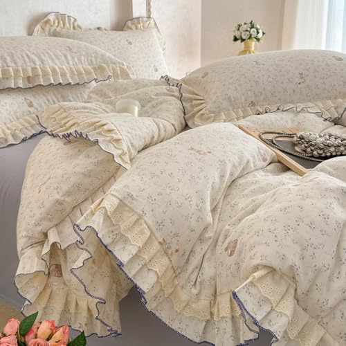 Cute Bunny Duvet Cover Set Muslin Cotton Queen(90"x90"),Rabbit/Flower