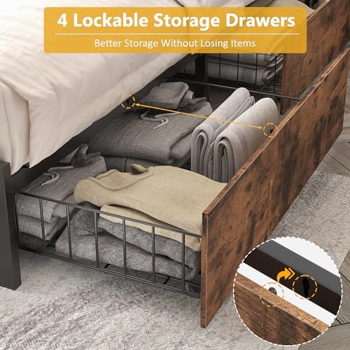Lifezone Full Bed Frame with 2-Tier Storage Headboard, Metal Platform Bed Frame with 4 Storage Drawers, Built in Charging Station & LED, Noise-Free/Metal Support/No Box Spring Needed, Vintage Brown