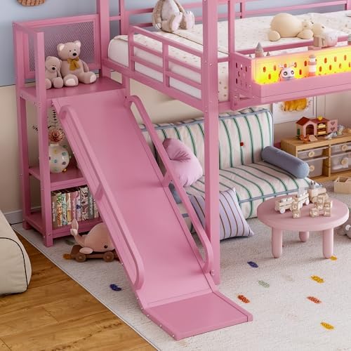 Bellemave Full Size Metal House Loft Bed with Slide and Stairs,Heavy Duty Playhouse Loft Bed Frame with Shelves,LED Lights and Charging Station for Kids,Teens,Adults,Pink
