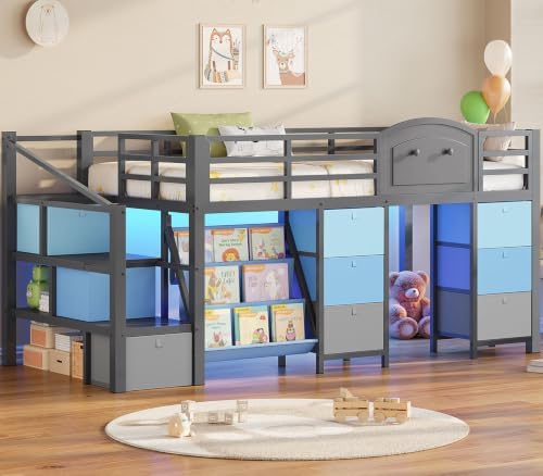Low Loft Bed Twin Size with 9 Storage Drawers, Bookcase and LED Lights, Metal Kids Loft Bed with Wide Staircase, Open Shelves and Safety Guardrail, Twin Loft Bed with Under-Bed Playhouse, Grey