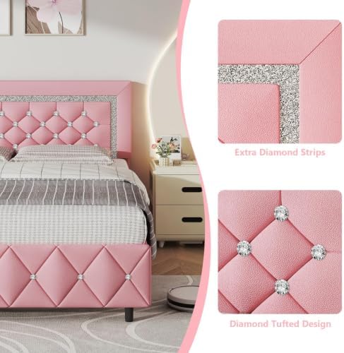 Lullabyre Full Size Bed Frame with Headboard, Faux Leather Bed with Diamond Tufted Design, Bed Frames Full with Wood Slats Support, No Box Spring Required, Easy Assembly, Pink