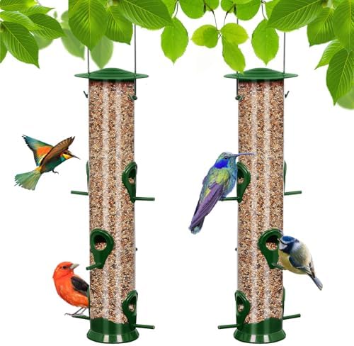 2 Packs Green Bird Feeder Tube Hanging Feeders, 6 Port Wild Bird Feeders Premium Hard Plastic with Steel Hanger Weatherproof and Water Resistant Great for Attracting Birds 18.2 Inches Large