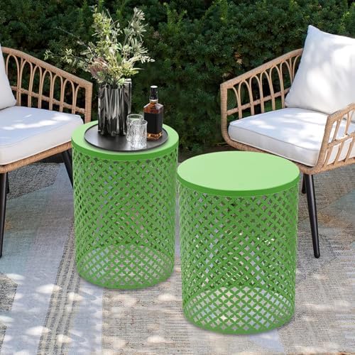 Metal Frame Accent Table,Cylindrical Outdoor Side Table,Decorative Garden Stool,Set of 2 Nesting Side Table,Modern Decorative Garden Stool for Patio Balconies Cafes Parks (2, Green)