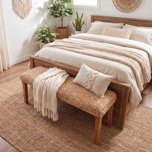 Solid Wood Acacia Indoor Bench, 47 Inch Water Hyacinth Seat, Fishbone Style