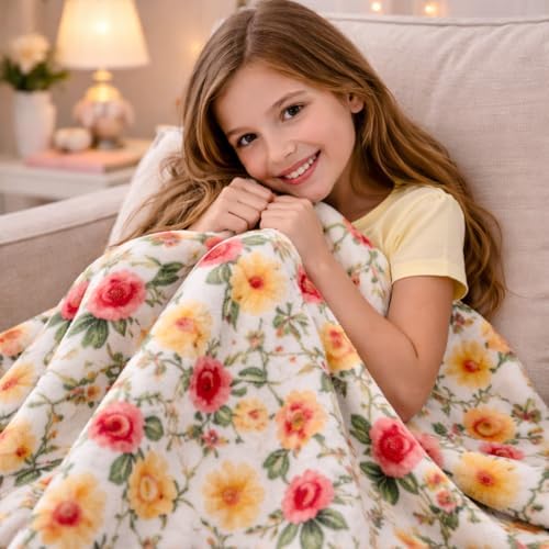 Soft Fleece Throw Blanket, Elegant Floral Wild Flowers Pink Yellow, 50x70