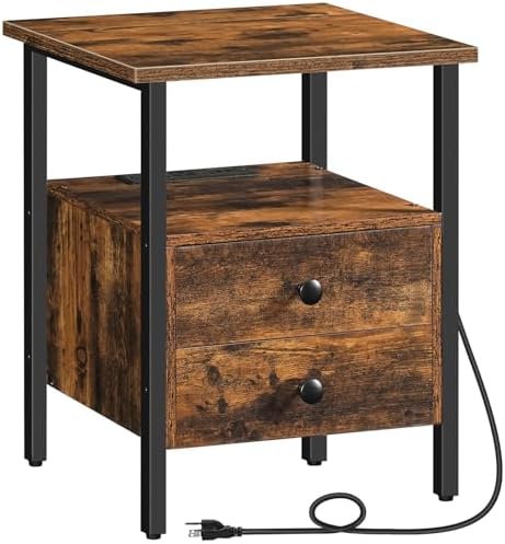 HOOBRO End Table with Charging Station, Bedside Table with Drawers