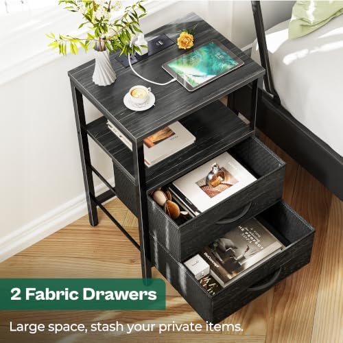 Huuger Nightstand with Charging Station, Side Table with Fabric Drawers