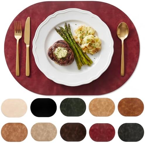 Oval Placemats Set of 12, Wipeable Faux Leather, Wine Red