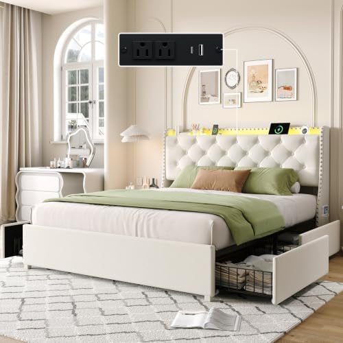 Queen Bed Frame with 4 Storage Drawers & Wingback Headboard, Beige