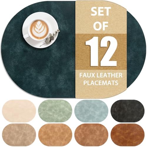 ADRIMER Oval Placemats Set of 12, Wipeable Faux Leather, Dark Blue