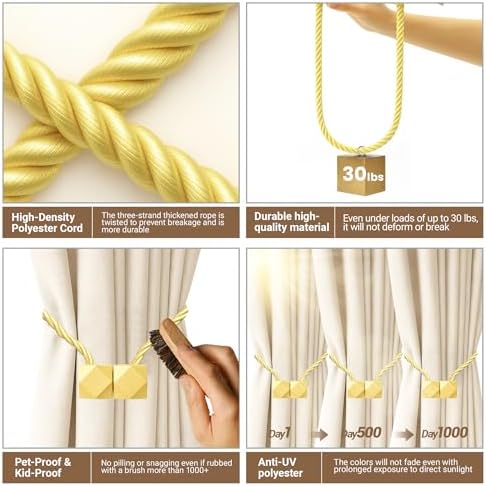 Hion Magnetic Curtain Tiebacks Golden 6pcs, Curtain Holdbacks Hooks Holders