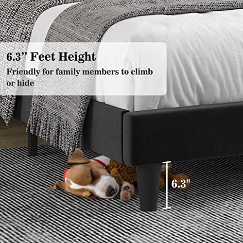Allewie Queen Bed Frame/Velvet Upholstered Bed Frame with Vertical Channel Tufted Headboard/Strong Wooden Slats/Platform Bed Frame/Mattress Foundation/Box Spring Optional/Easy Assembly/Black