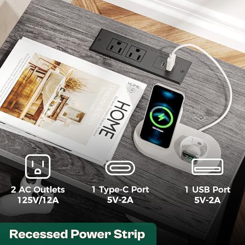 Huuger Nightstand with Charging Station, 27.6 Inch Bedside Table,Side Table