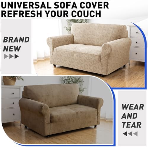 YEMYHOM 1 Piece Stretch Chair Sofa Slipcovers Couch Covers for 1 Seat, Jacquard Armchair Covers with Non-Slip Elastic Bottom, Thickened Furniture Protector for Dogs Pets kids (Small, Khaki）