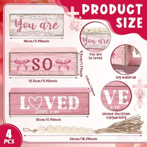 Yuntau 4 Pcs Pink Christian Table Decor Wooden Bow Decor Blocks Sign